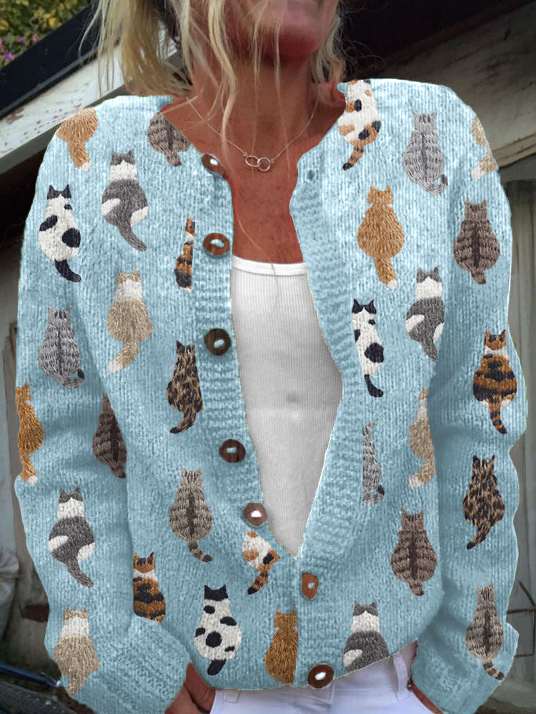 Women's Cat Print Knit Cardigan for Autumn/Winter