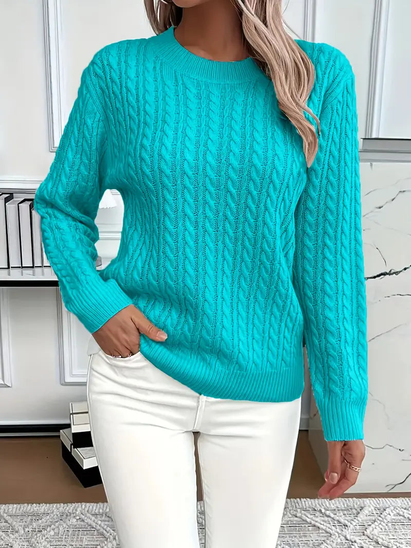 Cable Knit Crew Neck Sweater with Ribbed Cuffs and Hem