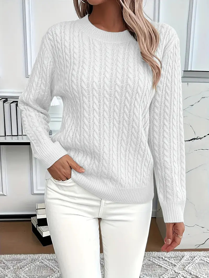 Cable Knit Crew Neck Sweater with Ribbed Cuffs and Hem