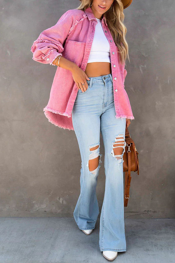 Oversized Denim Jacket with Fringe Detail