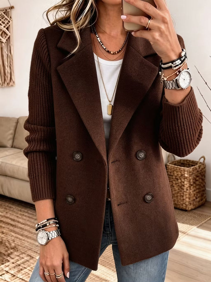 Women's Double-Breasted Blazer with Contrast Knit Sleeves