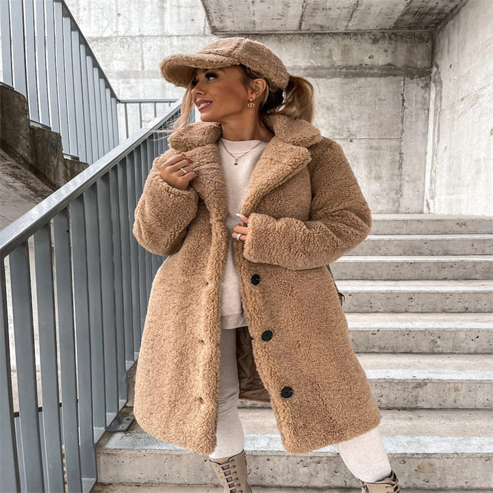 Longline Teddy Bear Coat with Notched Collar for Women
