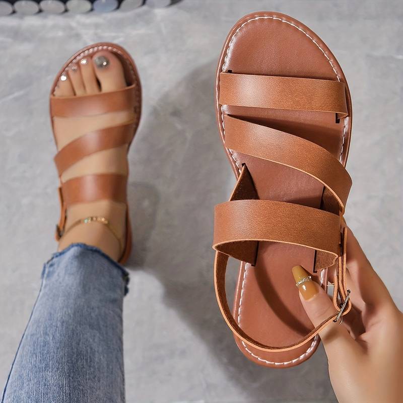 Vegan Leather Flat Sandals with Three-Strap Design