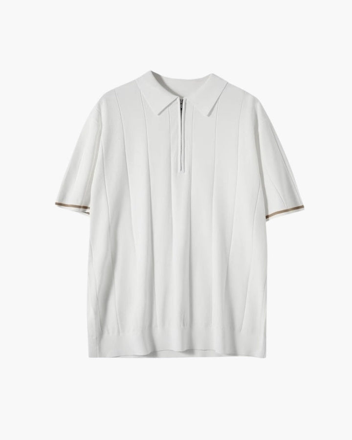 Men's Vertical Stripe Zip Placket Knit Polo with Contrast Cuffs