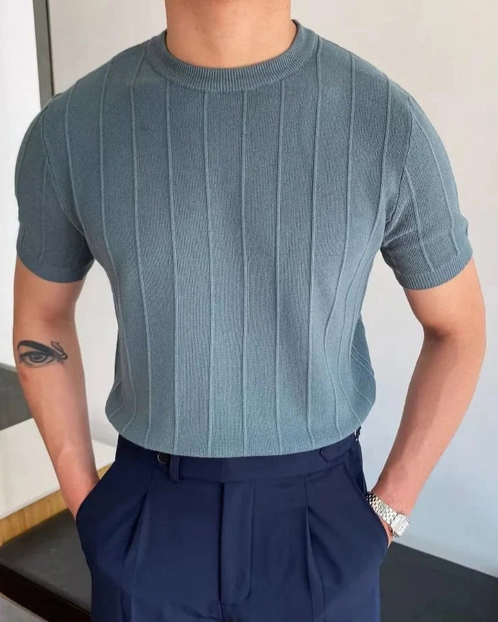 Vertical Ribbed Cotton-Linen Blend T-Shirt