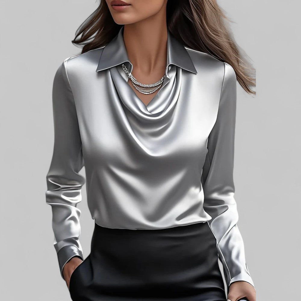 Draped Neck Long Sleeve Satin Blouse for Women