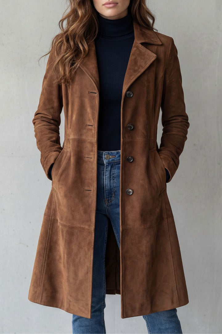 Vintage Suede-Effect Longline Coat for Women