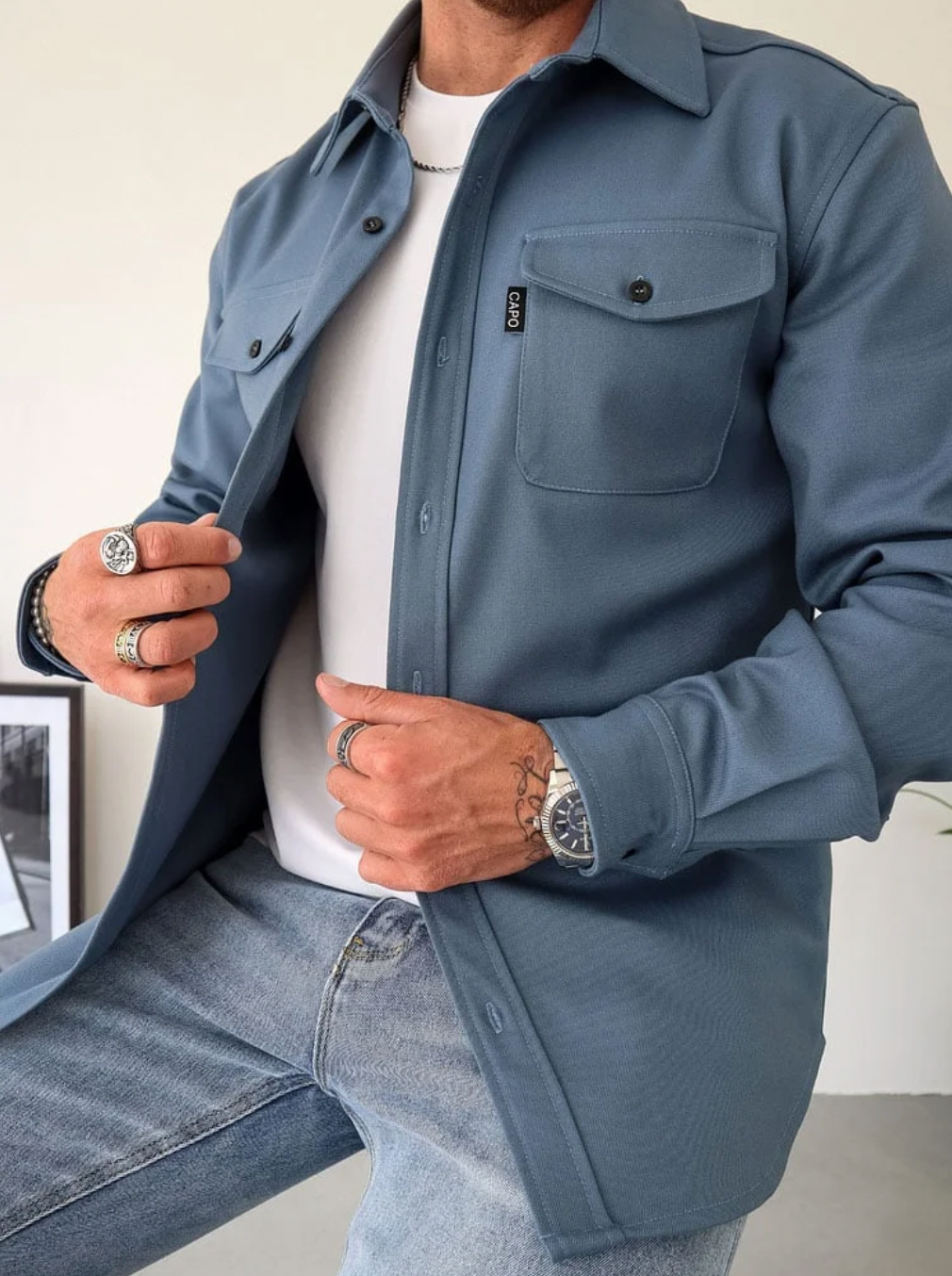 Men's Casual Shirt Jacket with Button Front and Chest Pockets