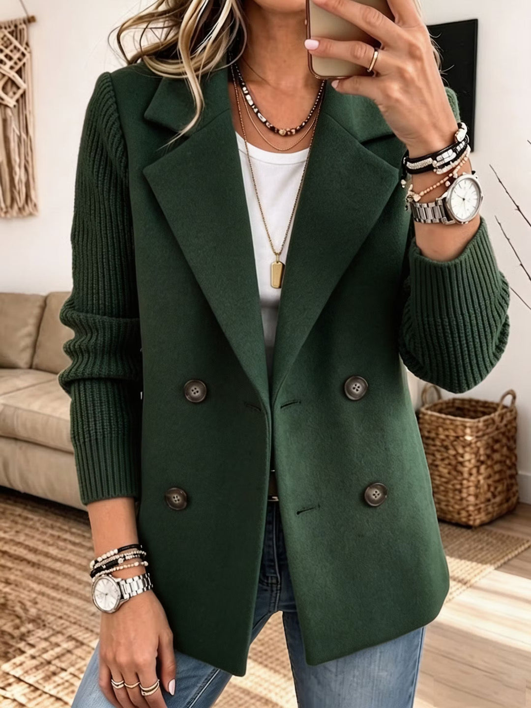 Women's Double-Breasted Blazer with Contrast Knit Sleeves
