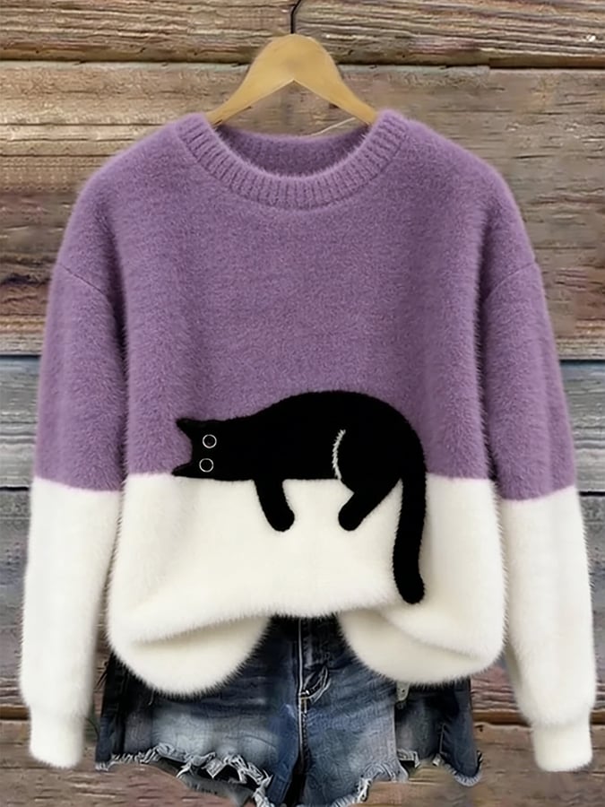 Women's Black Cat Print Oversized Fuzzy Knit Sweater