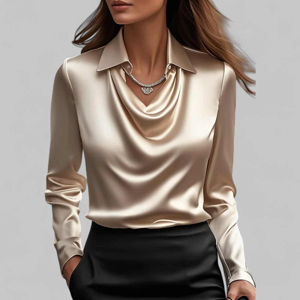 Draped Neck Long Sleeve Satin Blouse for Women