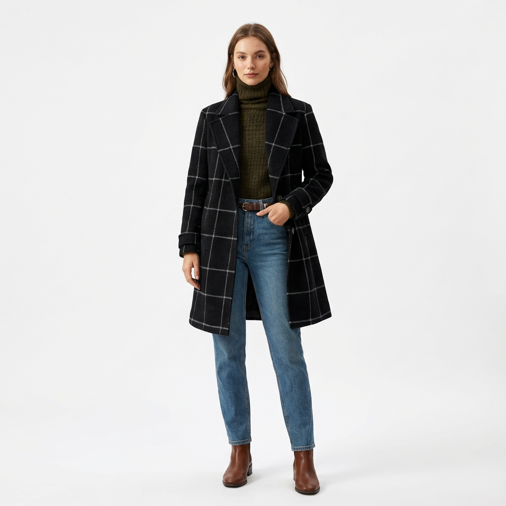 Classic Windowpane Check Coat for Women