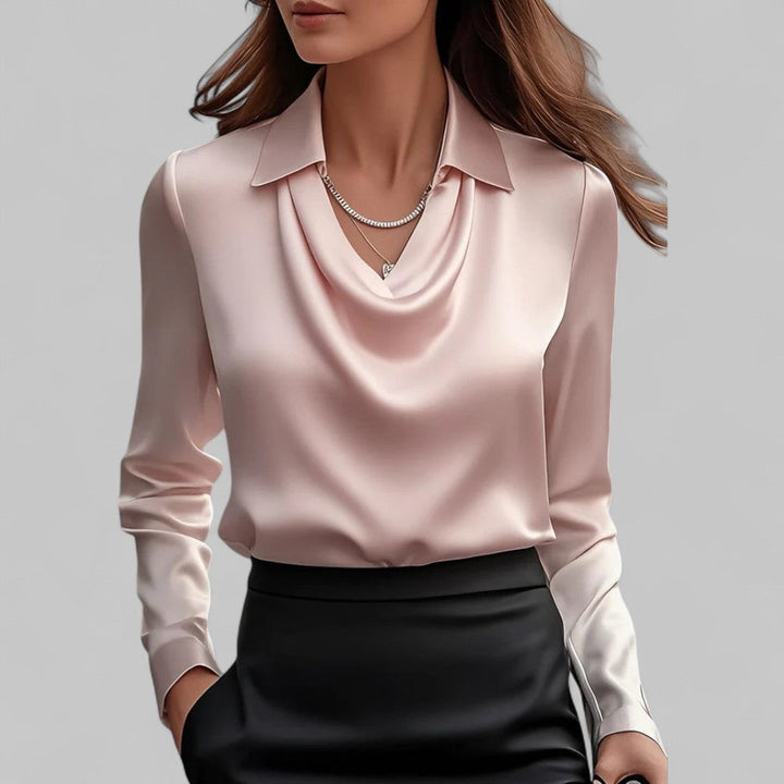Draped Neck Long Sleeve Satin Blouse for Women