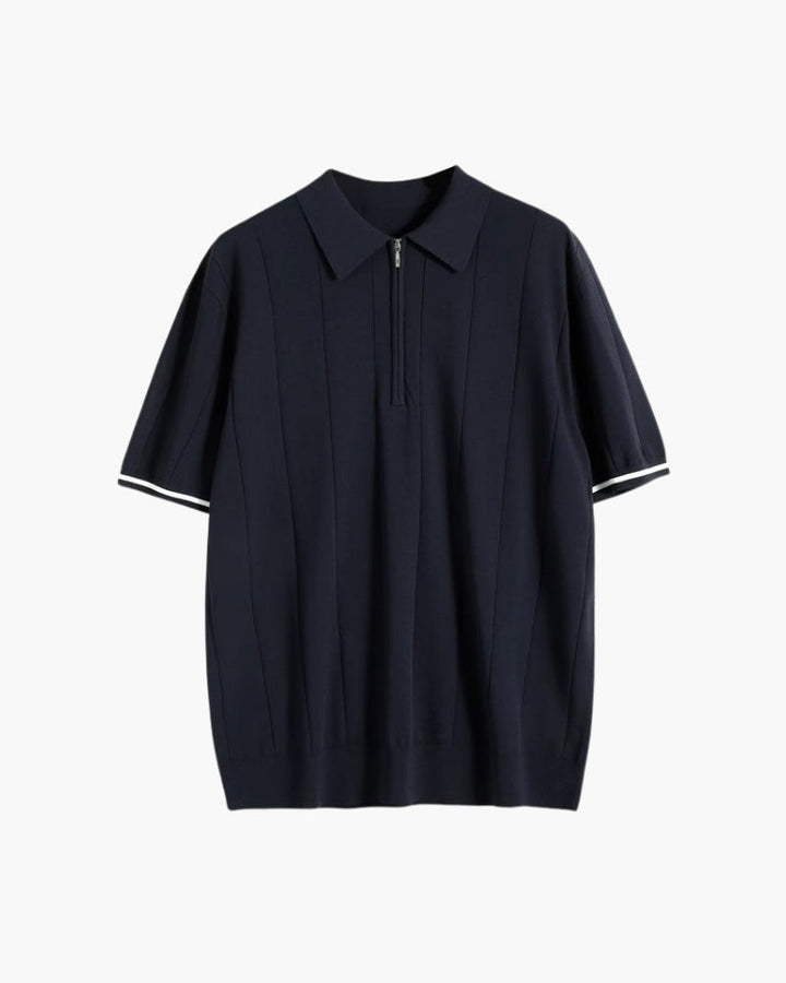 Men's Vertical Stripe Zip Placket Knit Polo with Contrast Cuffs