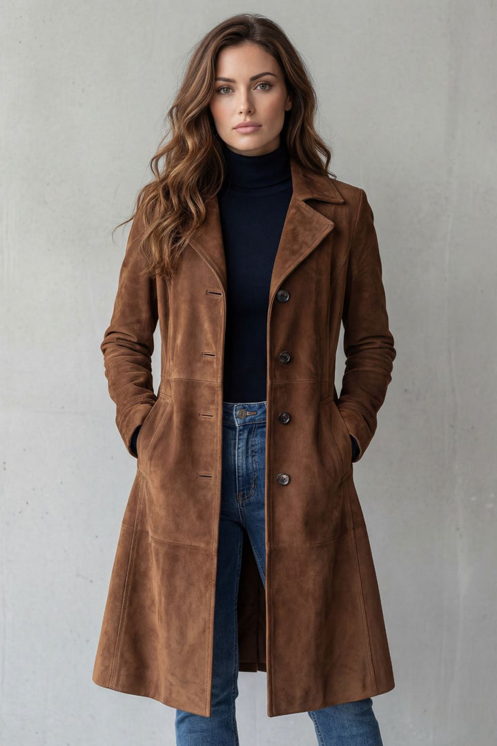 Vintage Suede-Effect Longline Coat for Women