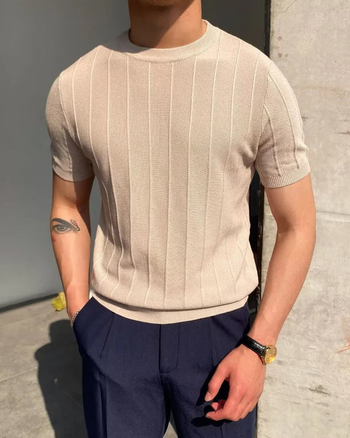 Vertical Ribbed Cotton-Linen Blend T-Shirt