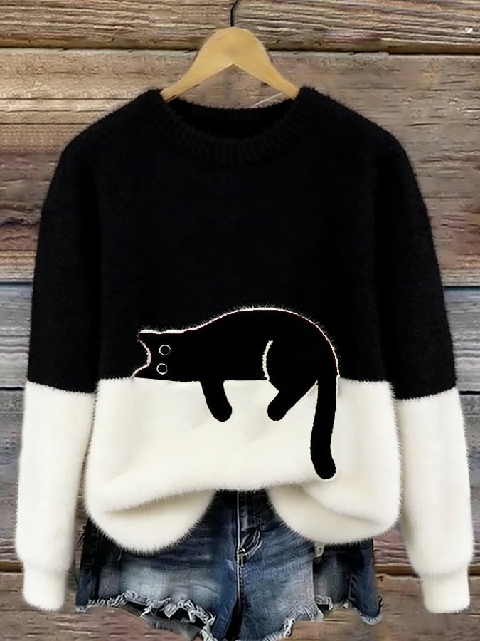 Women's Black Cat Print Oversized Fuzzy Knit Sweater