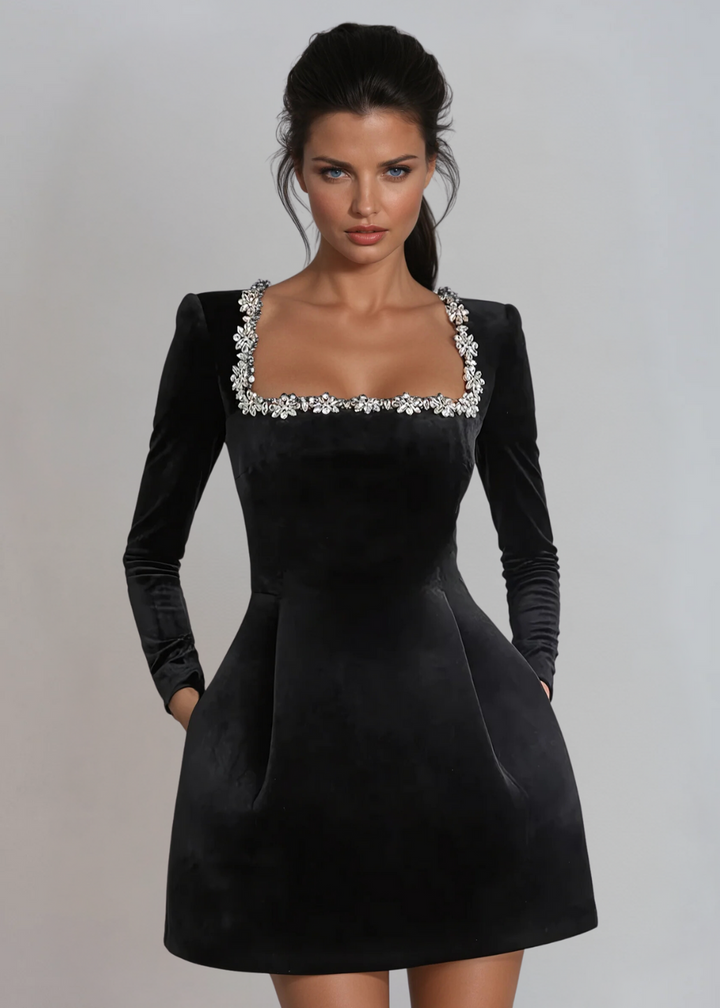 Crystal Trim Square Neck Velvet Mini Dress
