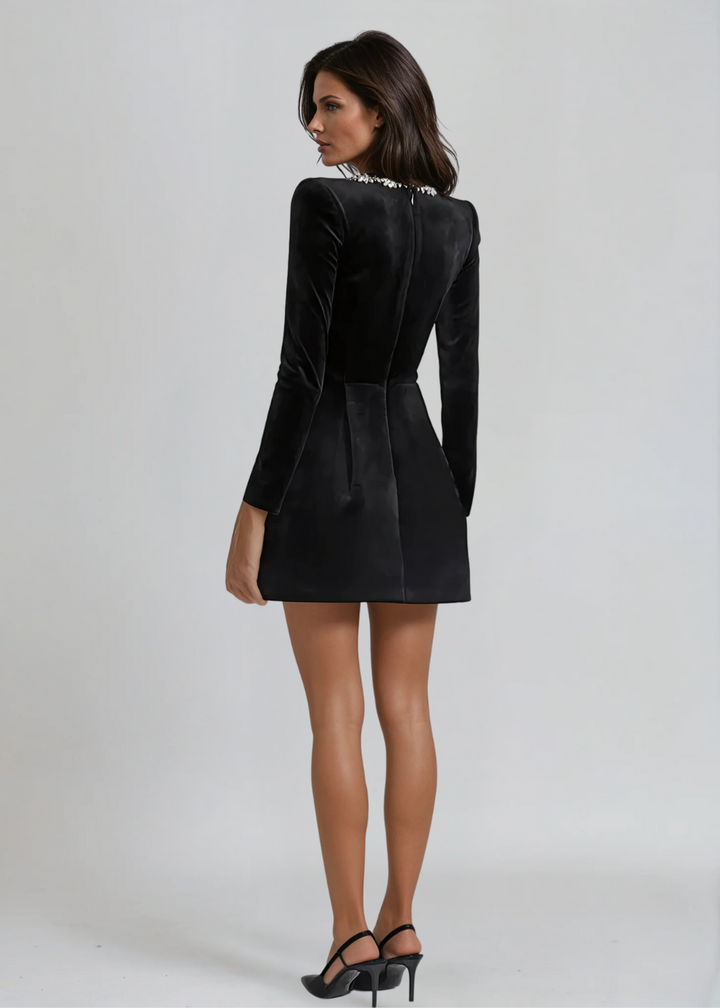 Crystal Trim Square Neck Velvet Mini Dress