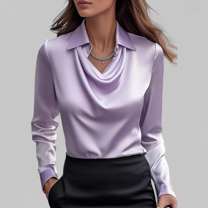 Draped Neck Long Sleeve Satin Blouse for Women
