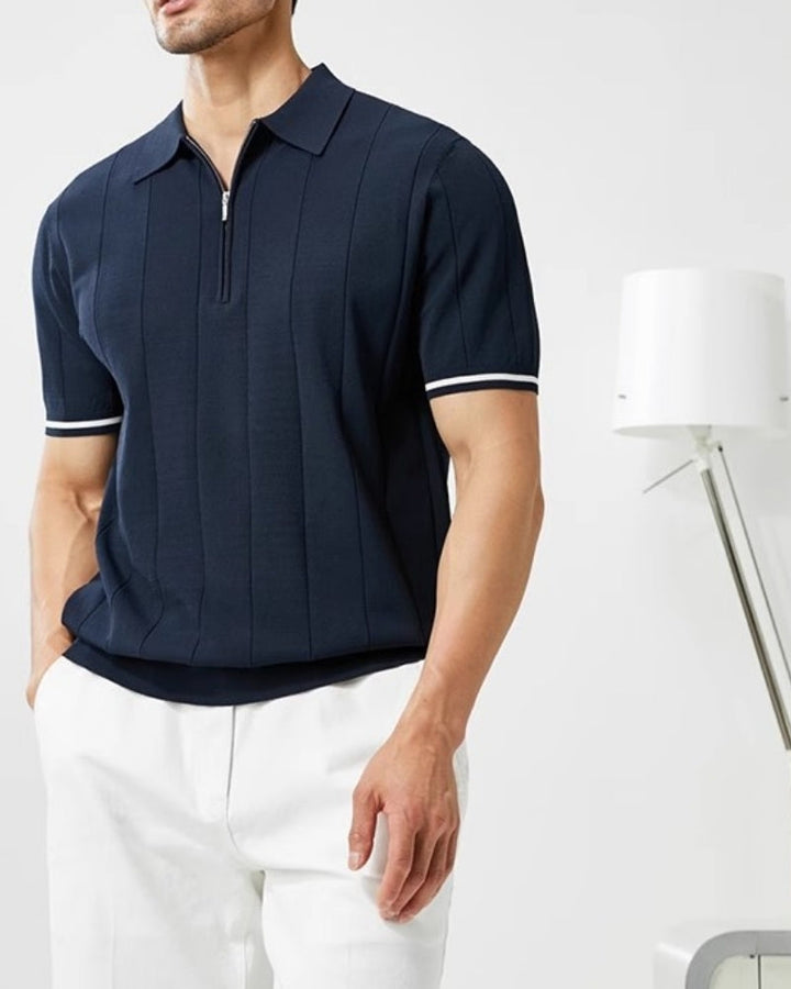 Men's Vertical Stripe Zip Placket Knit Polo with Contrast Cuffs