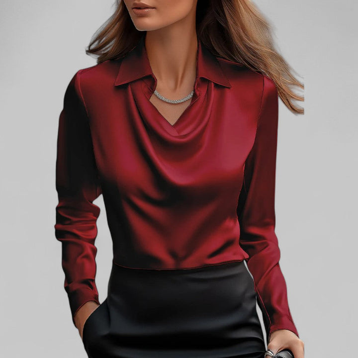 Draped Neck Long Sleeve Satin Blouse for Women