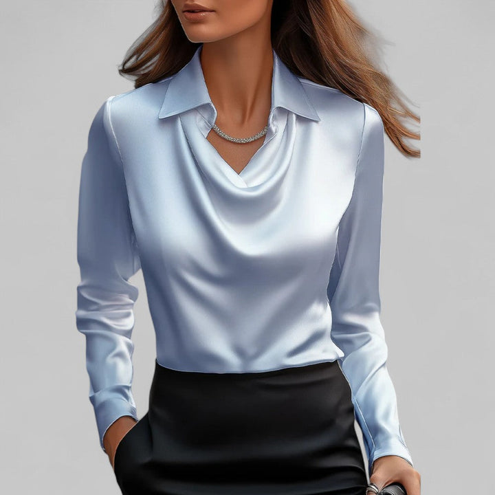 Draped Neck Long Sleeve Satin Blouse for Women