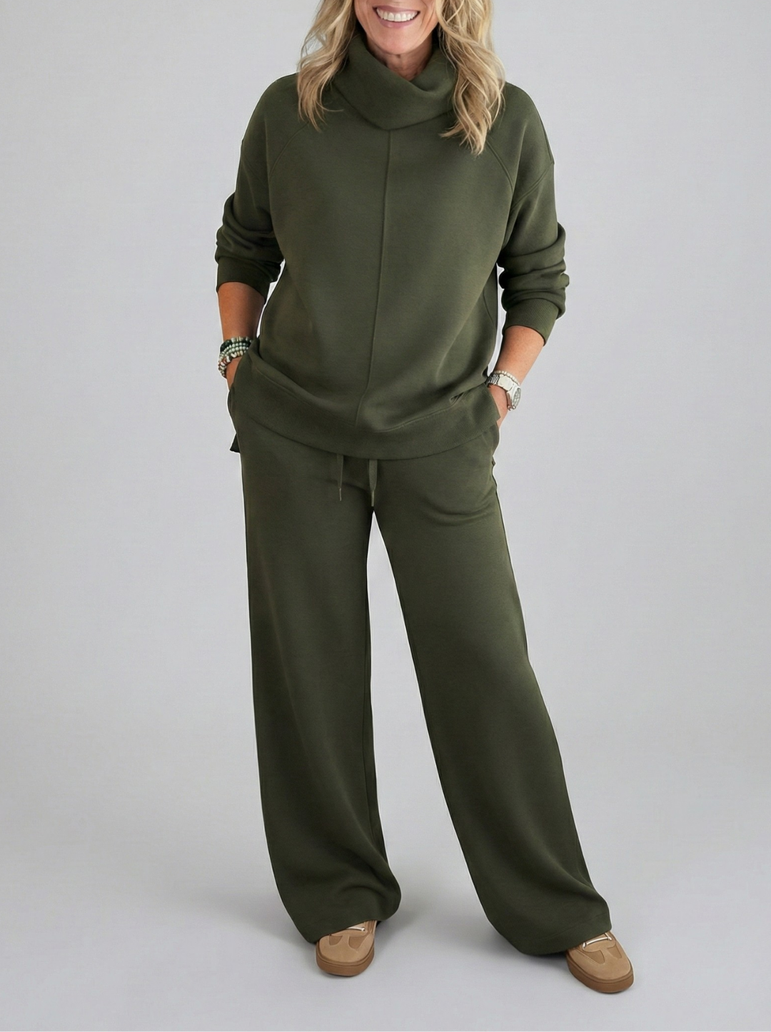 Women's Cowl Neck Wide-Leg Loungewear Set