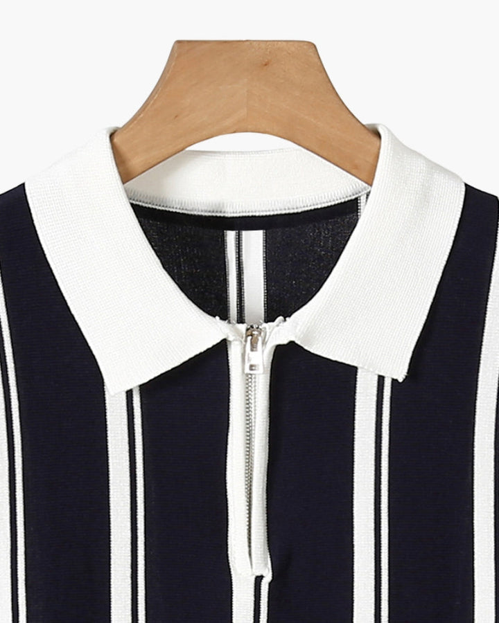 Contrast Vertical Stripe Half-Zip Knit Polo