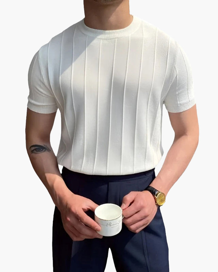 Vertical Ribbed Cotton-Linen Blend T-Shirt
