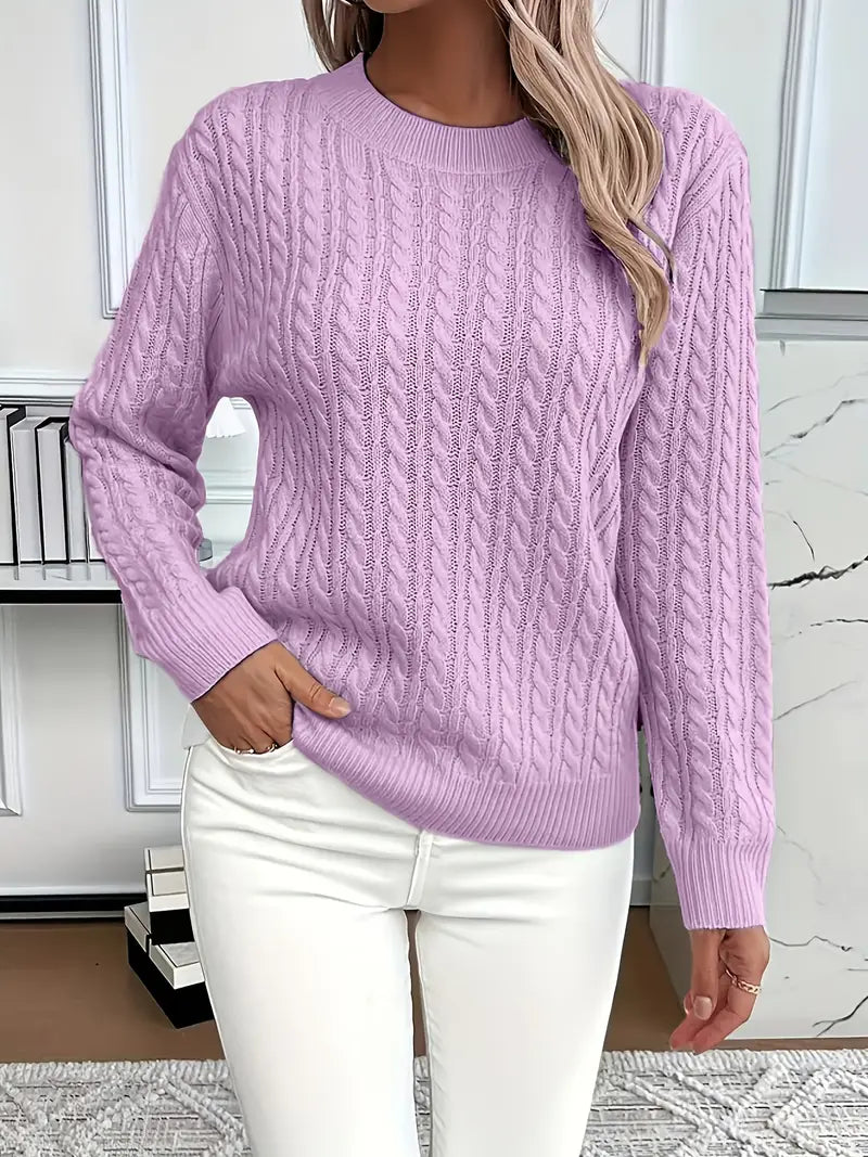 Cable Knit Crew Neck Sweater with Ribbed Cuffs and Hem