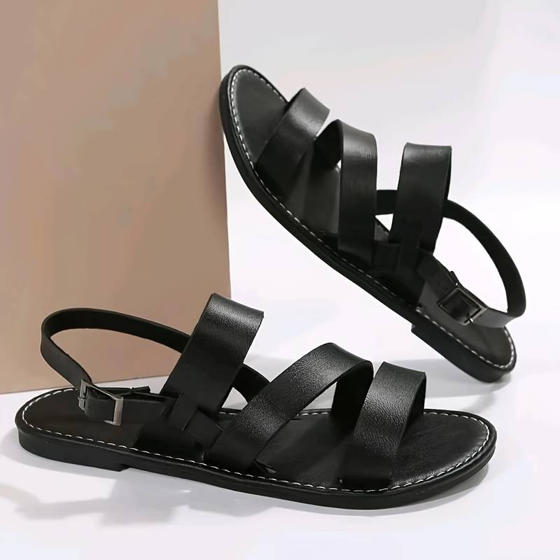 Vegan Leather Flat Sandals with Three-Strap Design