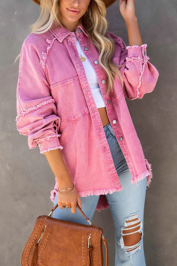 Oversized Denim Jacket with Fringe Detail