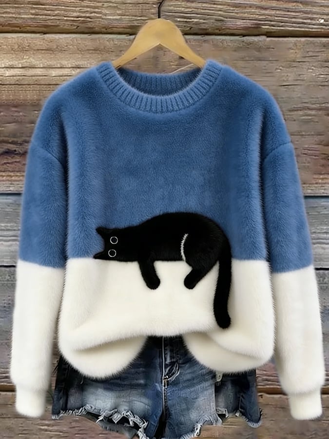 Women's Black Cat Print Oversized Fuzzy Knit Sweater