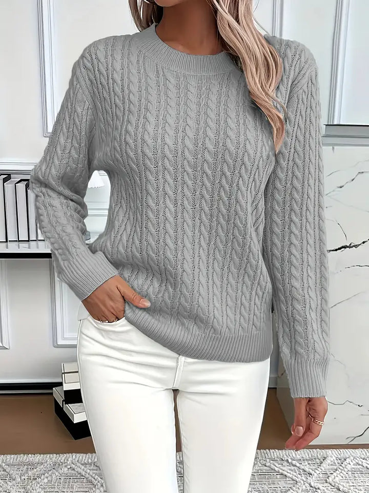 Cable Knit Crew Neck Sweater with Ribbed Cuffs and Hem