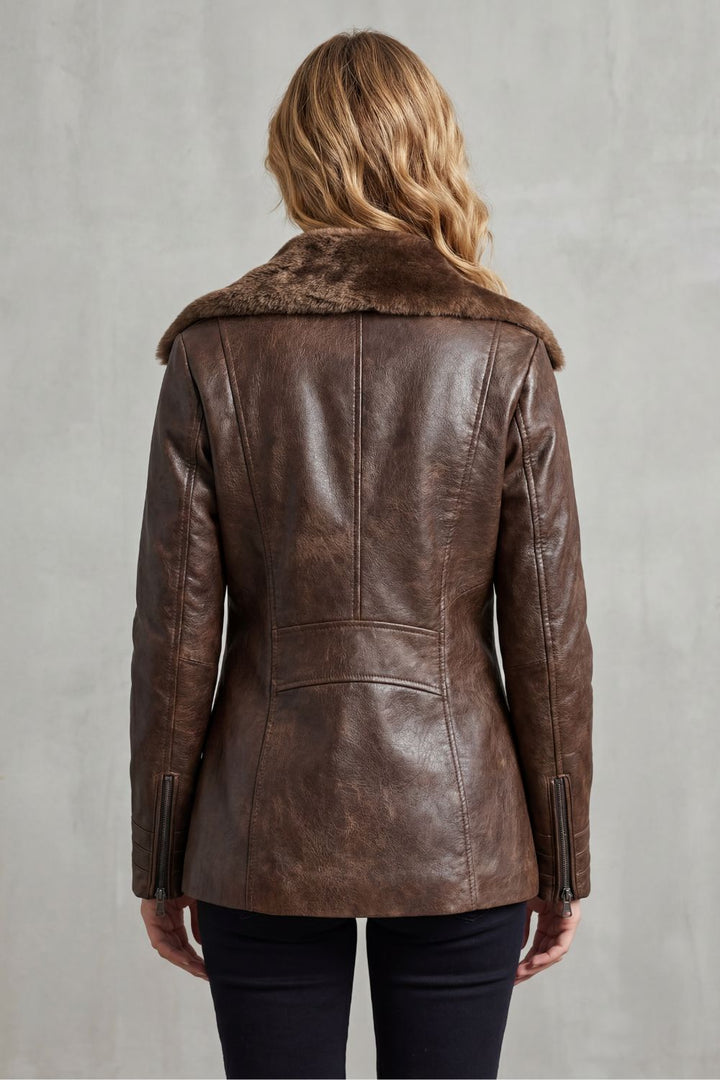 Faux Leather Jacket with Shearling Collar for Women