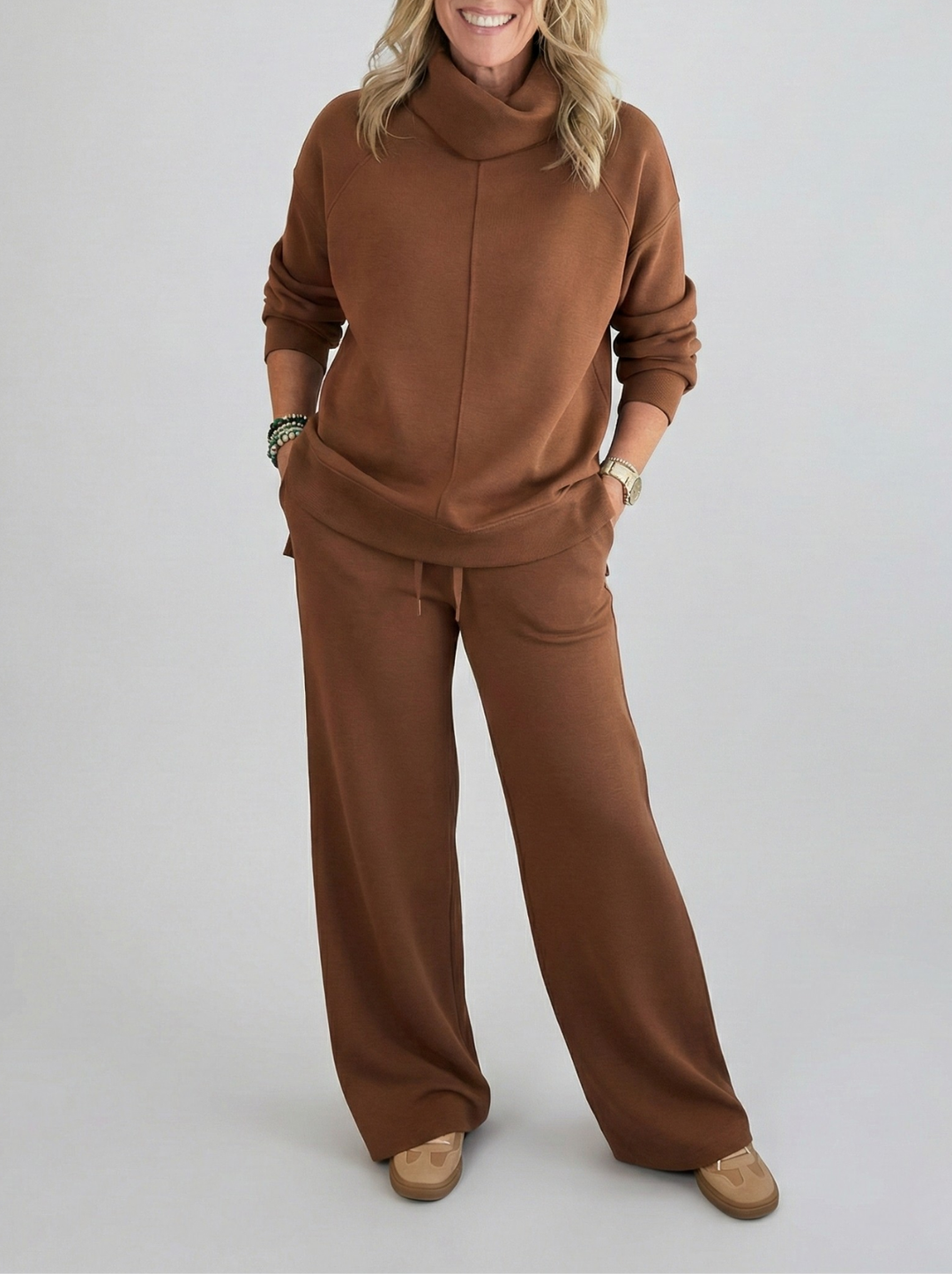 Women's Cowl Neck Wide-Leg Loungewear Set