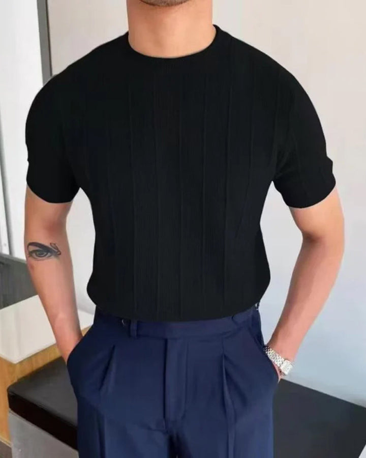 Vertical Ribbed Cotton-Linen Blend T-Shirt