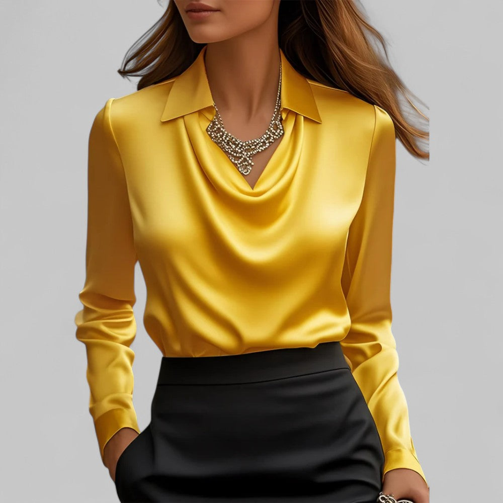 Draped Neck Long Sleeve Satin Blouse for Women