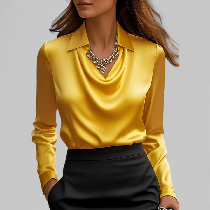 Draped Neck Long Sleeve Satin Blouse for Women