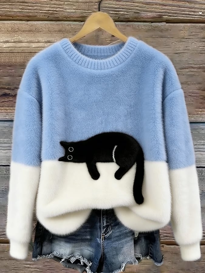 Women's Black Cat Print Oversized Fuzzy Knit Sweater
