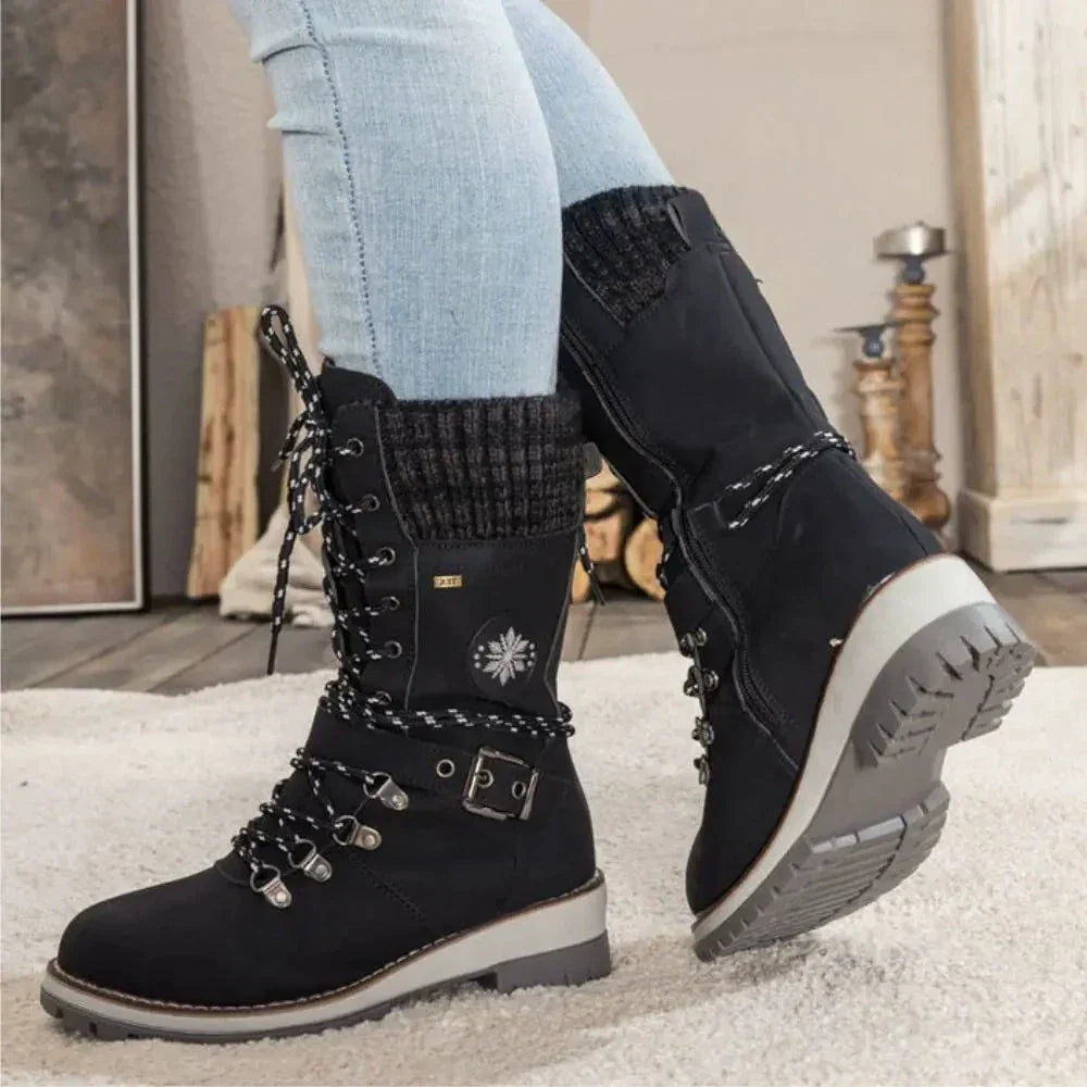 Women's Faux Leather Knit-Cuff Snow Boots