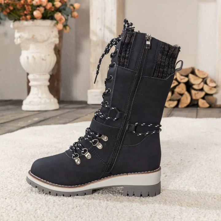 Women's Faux Leather Knit-Cuff Snow Boots