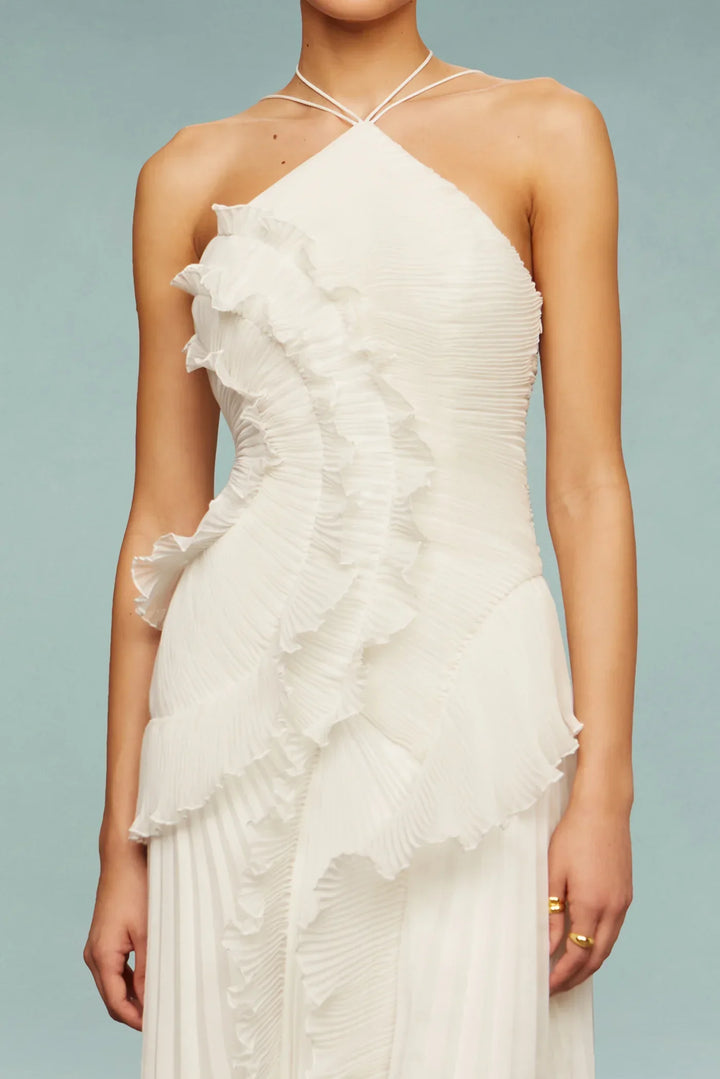 Elegant Ruffle Maxi Dress with Halter Neckline