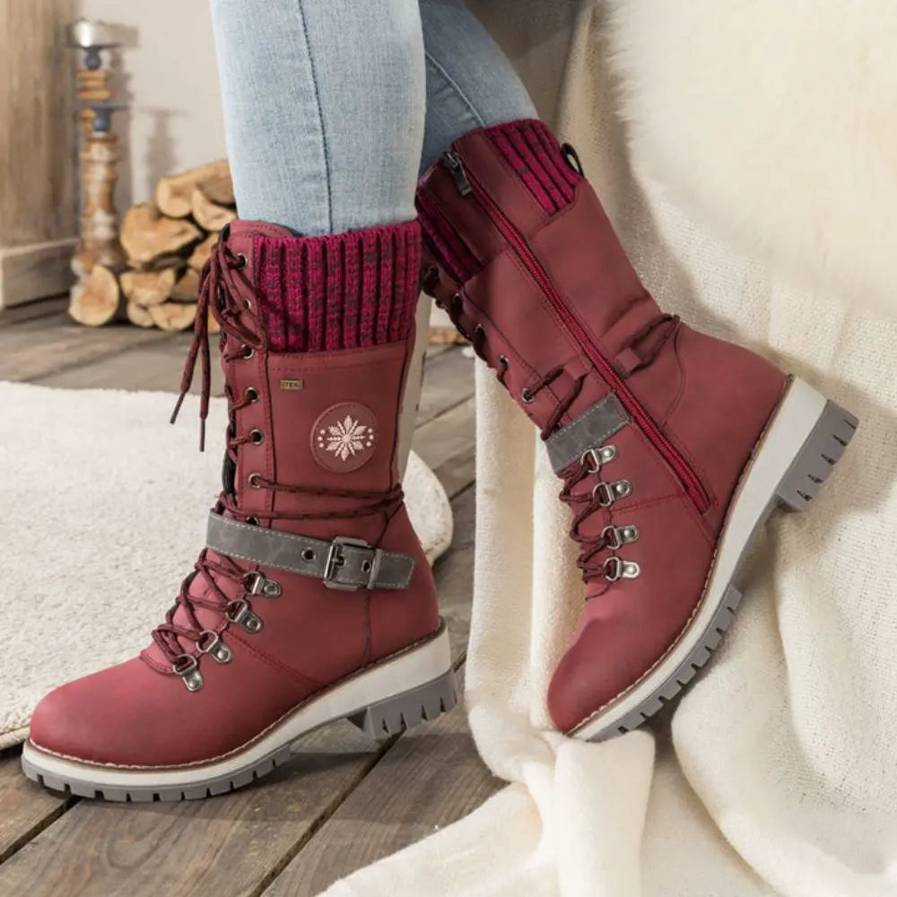 Women's Faux Leather Knit-Cuff Snow Boots