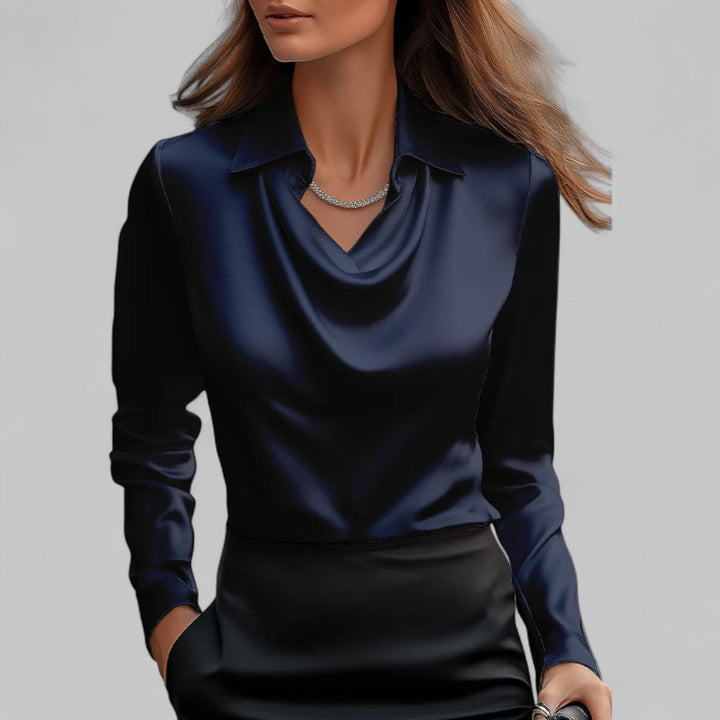 Draped Neck Long Sleeve Satin Blouse for Women