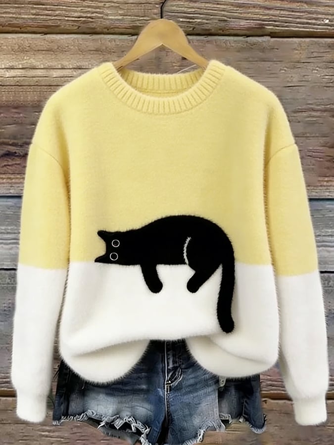 Women's Black Cat Print Oversized Fuzzy Knit Sweater