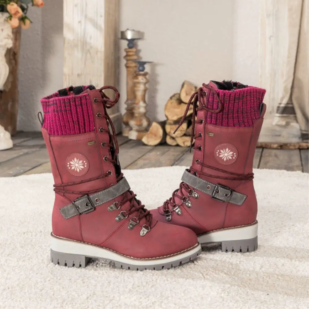 Women's Faux Leather Knit-Cuff Snow Boots