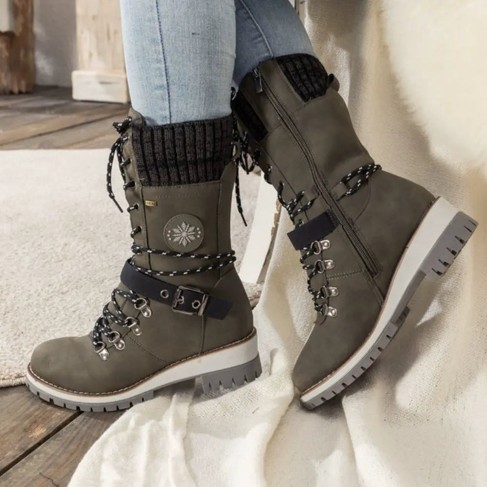 Women's Faux Leather Knit-Cuff Snow Boots