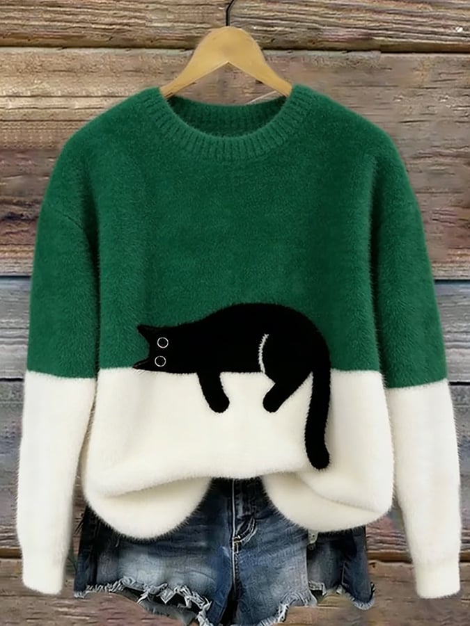 Women's Black Cat Print Oversized Fuzzy Knit Sweater